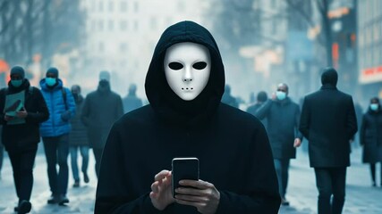 Masked individual engaging with smartphone amidst a bustling urban crowd