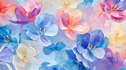 A painting of a bunch of flowers with blue, pink, and yellow colors
