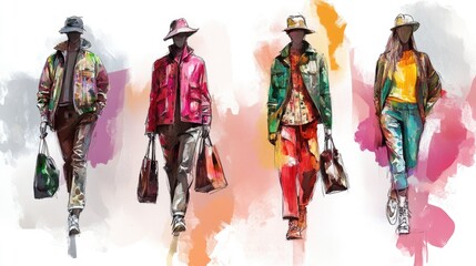 Fototapeta premium Artistic Presentation of Four Fashion Sketches Featuring Casual Attire and Accessory Designs