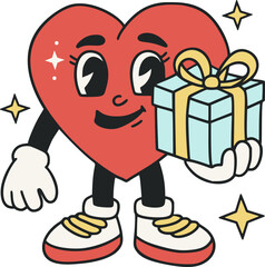 A vibrant cartoon heart love mascot character with a gift box, Valentine cute funnysmile face in a retro style. Vector illustration for Valentines day. 