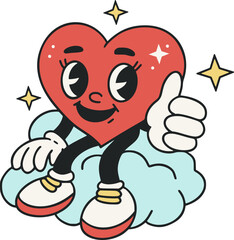 A vibrant cartoon heart love mascot character on a cloud, Valentine cute funnysmile face in a retro style. Vector illustration for Valentines day. 