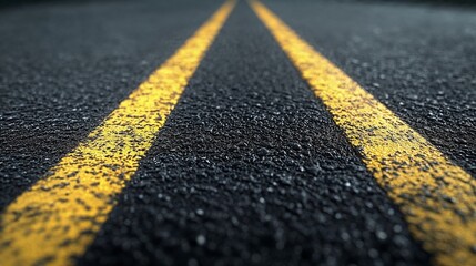 Asphalt road background with yellow lines, close-up view, textured surface, empty space for text.