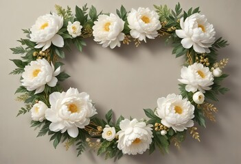 Obraz premium Hand-drawn white peony heart wreath with golden embellishments, heart, peony, botanical