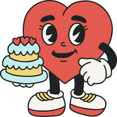 A vibrant cartoon heart love mascot character with birthday cake Valentine cute funnysmile face in a retro style. Vector illustration for Valentines day. 