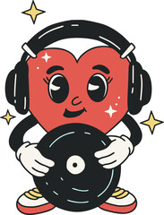 A vibrant cartoon music heart in headphones, love mascot character with Valentine cute funnysmile face in a retro style. Vector illustration for Valentines day. 