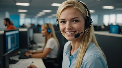 Smiling brightly, a blonde call center agent in blue clothing communicates effectively with clients using her headset in a bustling office.
