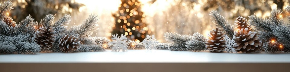 Obraz premium Winter Evening Scene with Festive Christmas Lights and Snowy Evergreens, Dusk Skyline for Holiday Greeting Cards, Seasonal Advertisements, or Decorative Images