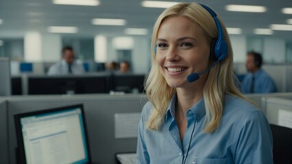 A blonde woman dressed in blue, smiling warmly, uses her headset to assist customers as a dedicated operator in a bustling call center.
