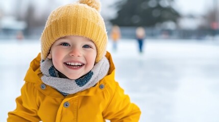 Winter joy and fun of a smiling child dressed in yellow jacket and knit hat enjoying outdoor ice skating on a snowy day with bright colors and cheerful mood perfect for family holiday memories