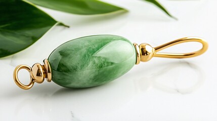 Green jade gemstone pendant with gold accents on marble.