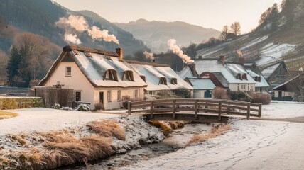 Charming Winter Village with Snow-Covered Rooftops and Smoke. A picturesque winter village scene with snow-covered houses, steaming chimneys, and scenic mountains in the background. Perfect...