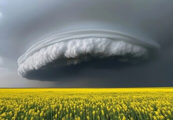 A large cloud of white and gray is hovering over a field of yellow flowers