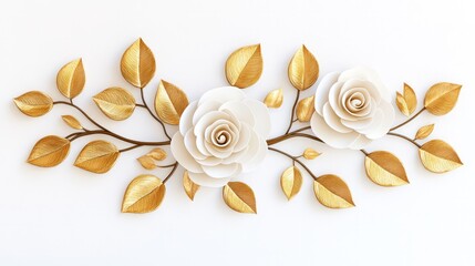 3D Textured White Camellia Flowers with Golden Leaves, Arranged Horizontally on a Light Background, Featuring Delicate Gold Accents for an Elegant and Refined Design
