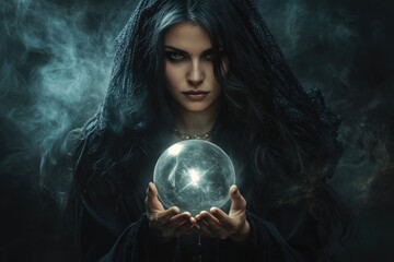 Naklejka premium Enchanting Sorceress: A Beautiful Witch Wielding a Magic Orb, Summoning Spirits in a Dark Fantasy Realm