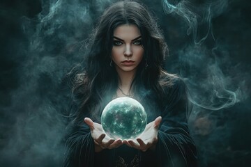 Naklejka premium Enchanting Sorceress: A Mysterious Woman with a Magic Orb Summoning Spirits in a Dark Fantasy Realm
