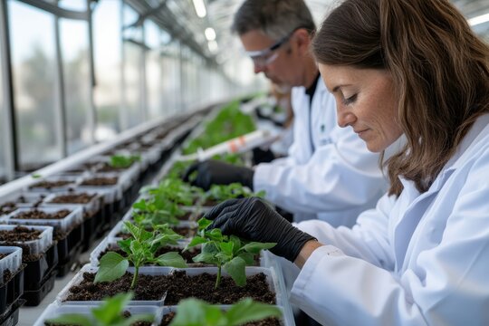 Dedicated scientists meticulously tending to seedlings in a greenhouse, showcasing the importance of research and nurturing plants for sustainable agriculture and innovation.