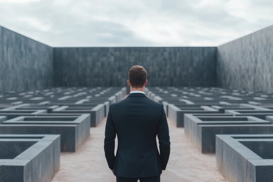 Businessman standing in front of a maze. Generative AI
