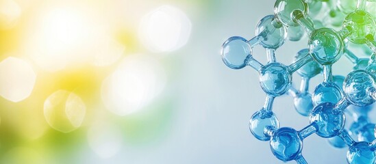 Fototapeta premium Molecular structure with blue transparent spheres and connecting bonds on a soft light background suitable for science themed design, poster or education visuals with serene mood