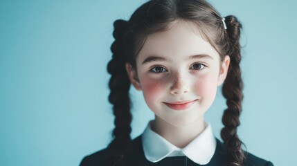 A close-up of a spirited young girl with pigtails, dressed in a classic school uniform, highlighting her wide