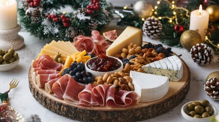 Festive Charcuterie Board with Cheese, Meats, and Nuts for Holiday Gatherings. A beautifully arranged charcuterie board featuring various cheeses, cured meats, nuts, and fruits, perfect for...