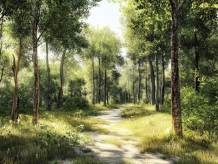 Obraz premium Sunlit path through verdant, peaceful woods.