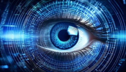 Digital Eye:  A mesmerizing close-up of a vibrant blue eye, intricately interwoven with futuristic digital circuitry, symbolizes technological surveillance, data security.