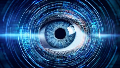 Digital Eye: A close-up of a blue eye, surrounded by swirling digital patterns, representing the intersection of technology and human perception.