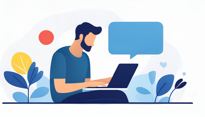 Man Working on Laptop with Speech Bubble: A young man sits comfortably with his laptop, ready to share his ideas and engage in conversation.