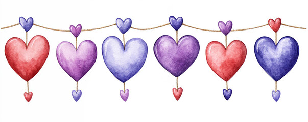 Watercolor illustration of Colorful Hearts Decorations Hanging in a Row on a White Background. Valentine's Hearts Background.