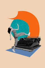 Composite trend artwork sketch image photo collage of young lady office manager walk step huge...