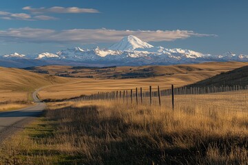 A mountain range is visible in the distance