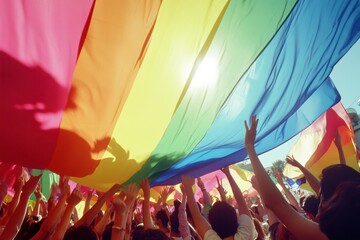 A large rainbow flag is being held by a crowd of people