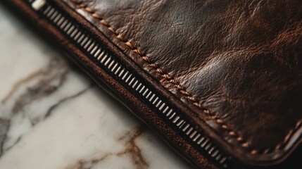 A close-up of a stylish leather pouch in deep brown, featuring fine stitching and a polished metal zipper, positioned at an angle to emphasize its texture
