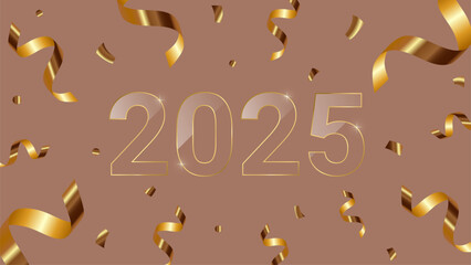 Banner 3d realistic confetti from party poppers, flying gold ribbon, serpentine streamers on mocha mousse color background, fireworks for new year celebration with. Golden glass 2025. Vector EPS10	