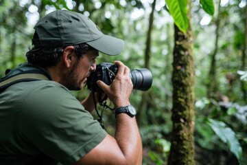 Fototapeta premium A passionate photographer takes a moment to capture the lush beauty of the jungle, embodying the spirit of adventure and the pursuit of nature's wonders.