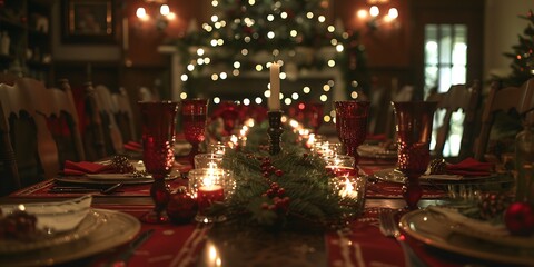 A Christmas Dining Table Set for a Holiday Feast, Adorned with Elegant Tableware, Candles, and Festive Decorations for a Joyous Celebration