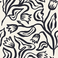 Obraz premium Monochrome black and white brush strokes inky flowers seamless pattern. Abstract floral contemporary background. Textured botanical minimalist wallpaper