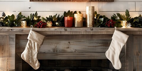 A Christmas-Themed Mantel Adorned with Hanging Stockings, Pine Branches, and Festive Decorations, Creating a Cozy Holiday Ambiance