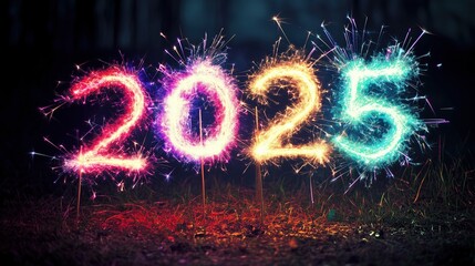 Colorful sparkler lights creating the numbers 2025 at night. New Year's celebration