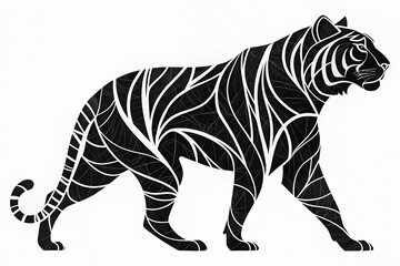 Naklejka premium Stylized tiger illustration with intricate line patterns, black and white design, artistic expression, copy space.
