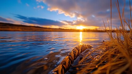 A sunset over a body of water with reeds in the foreground