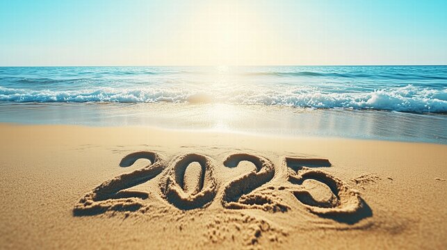 The year 2025 drawn in the sand at a beach with ocean waves and sunlight. Fresh start concept