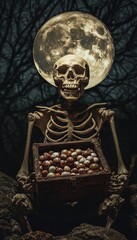 Obraz premium A skeleton grasping a treasure chest filled with marbles beneath a glowing full moon
