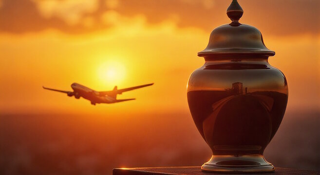 Metallic urn with airplane at sunset. Concept for travel, memory, and farewell