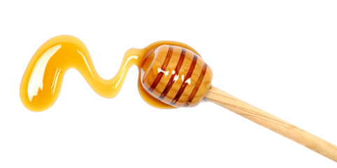 Honey and wooden dipper isolated on white background, top view
