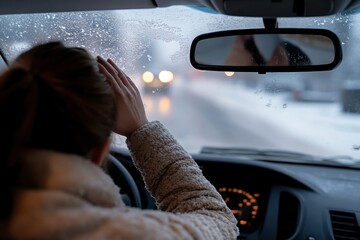 A woman experiences discomfort while driving in winter weather due to a foggy windshield, representing vulnerability and the challenge of navigating adverse conditions.