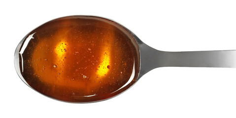 Honey spill in metal spoon isolated on white, top view	