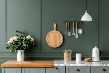 Modern kitchen interior with wooden accents and decor