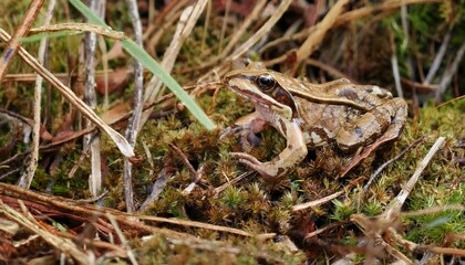 Naklejka premium 작은 연못가의 말라버린 이끼 사이에서 마지막으로 남은 개구리 한 마리