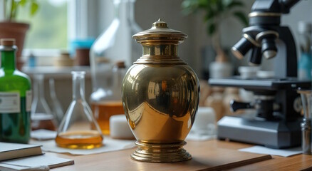Golden funeral urn on a laboratory table with scientific tools